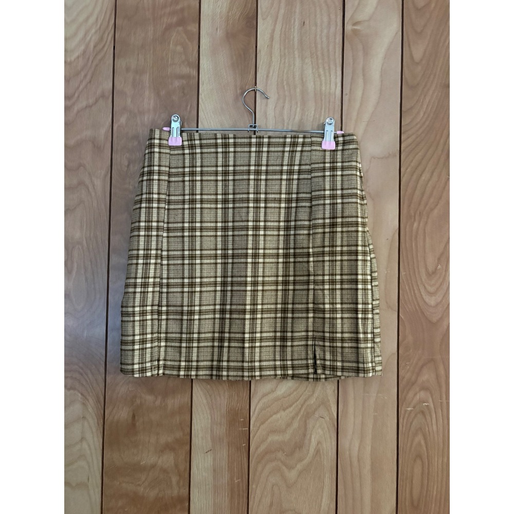 Love On A Hanger Brown Plaid Mini Skirt Front Slit Size 9